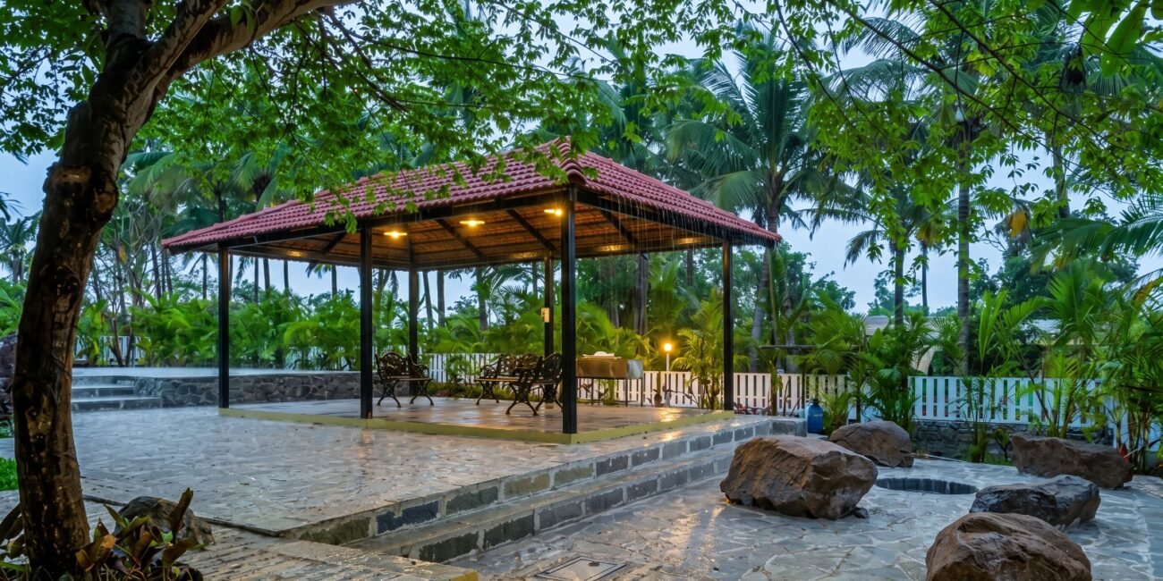 bonfire villa near Pawna Lake at night with private pool