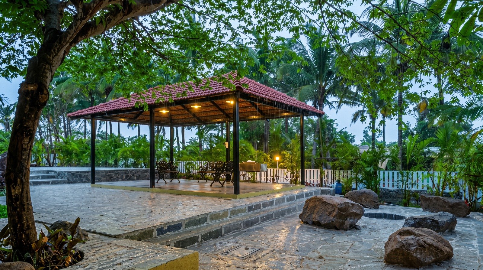 bonfire villa near Pawna Lake at night with private pool